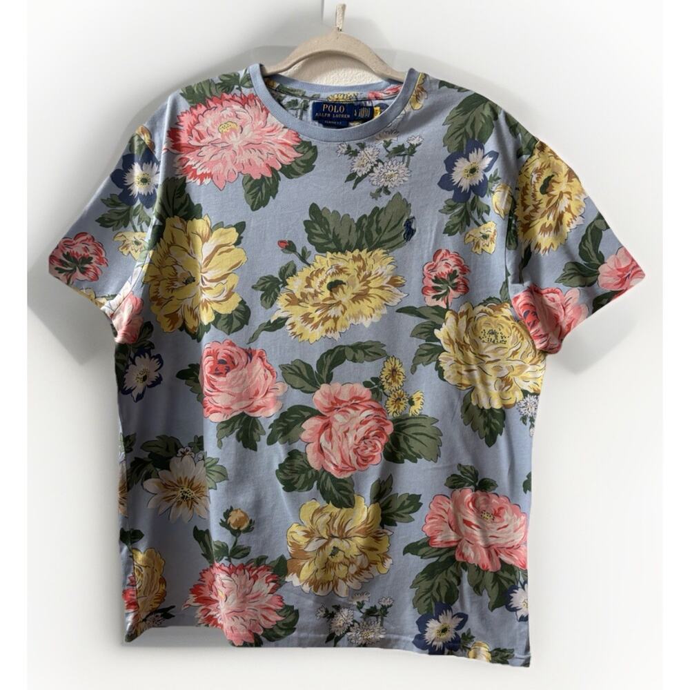 Polo Ralph Lauren Shirt Mens Large Blue Floral Classic Fit Tropical Cotton Tee